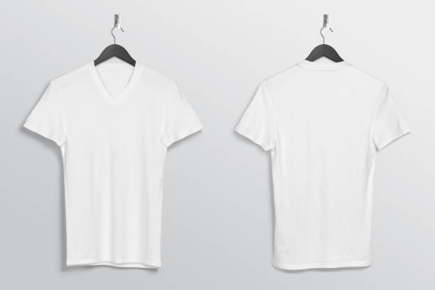 istock Front and rear view of plain white t-shirt hanging on wall 1206211095