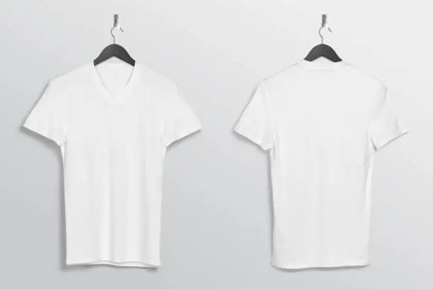 Front and rear view of plain white v-neck t-shirt hanging on wall on isolated background.