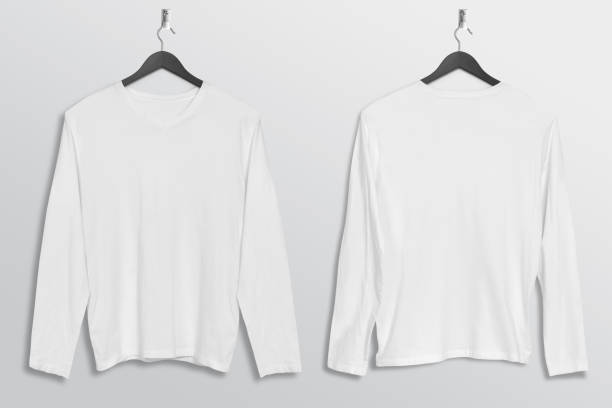 istock Front and rear view of plain white round neck shirt hanging on wall 1206211607