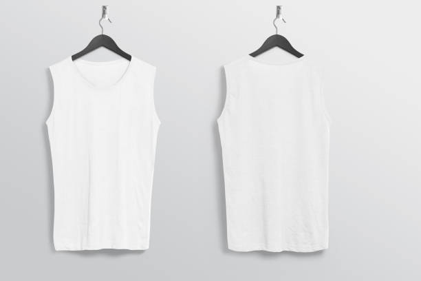 Front and rear view of plain white sleeveless shirt hanging on wall Front and rear view of plain white sleeveless tank top shirt hanging on wall on isolated background. sleeveless top stock pictures, royalty-free photos & images