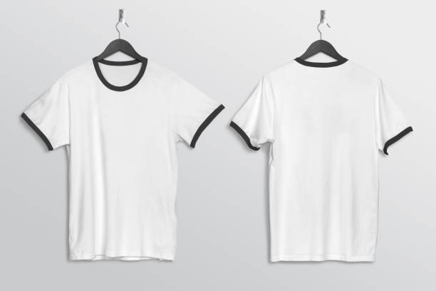 istock Front and rear view of plain white ringer t-shirt hanging on wall 1206211689