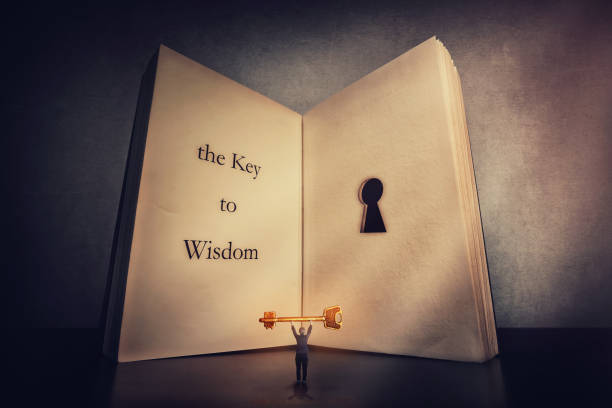 人は知恵の魔法の黄金の鍵を見つけ、ページの中に鍵穴を持つ巨大な本の近くに立っています。知識、野心、モチベーションの概念にロックを開きます。あなたの心、インテリジェンスシン� - diary lock with book ストックフォトと画像