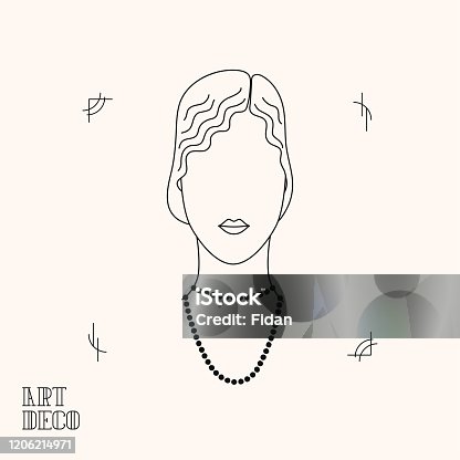 istock Art Deco thin line illustration of woman.  Stylish vintage icon. 20's and 30's roaring vintage style. Glamour retro design element. 1206214971