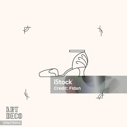 istock Art Deco thin line illustration of woman's shoes.  Stylish vintage heel icon. 20's and 30's roaring vintage style. Glamour retro fashion. 1206215043