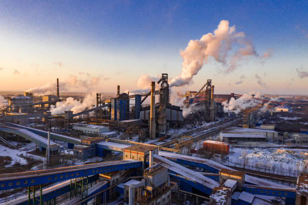 Industrial area sunset in winter stock photo