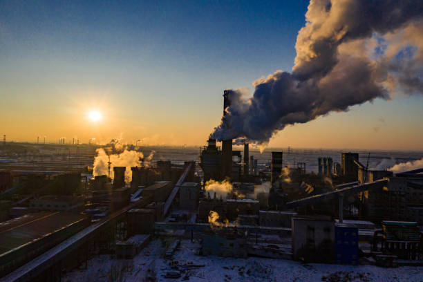 Industrial area sunset in winter stock photo