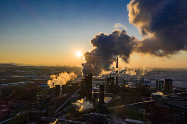 Industrial area sunset in winter stock photo