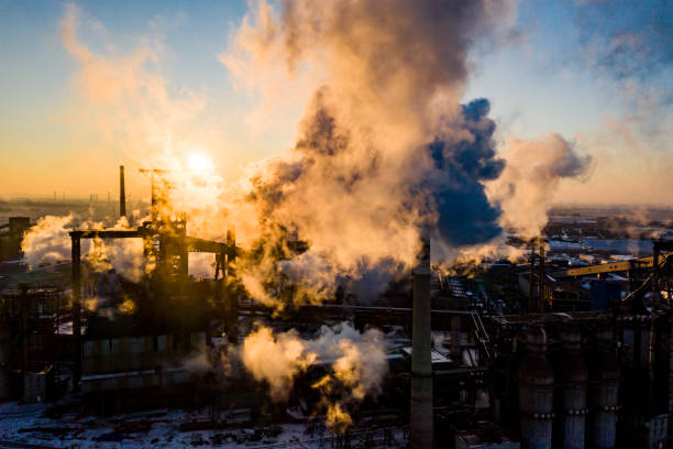 Industrial area sunset in winter stock photo