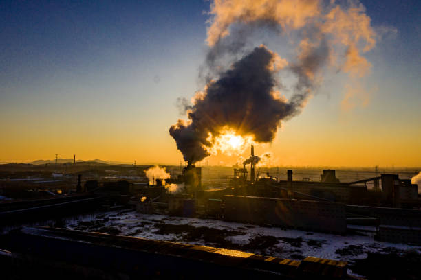 Industrial area sunset in winter stock photo