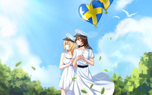 Best friends graduating from school in Sweden Two Swedish female friends are celebrating their graduation together. They re holding two heart shaped ballons with the Swedish flag. swedish summer stock illustrations
