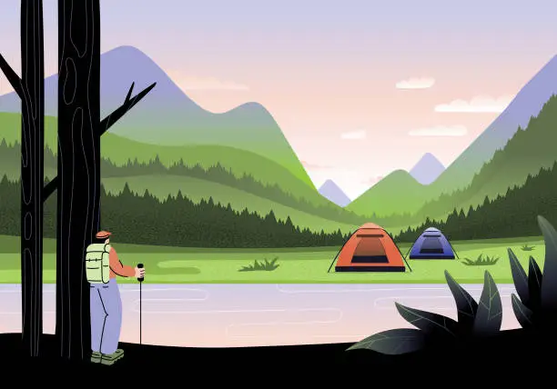 Vector illustration of Camping in mountains