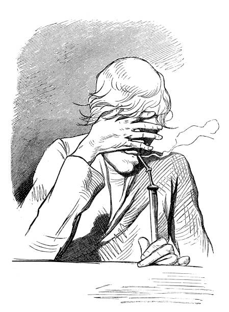 古い心配男は粘土パイプを吸って - smoke pipe men smoking点のイラスト素材／クリップアート素材／マンガ素材／アイコン素材