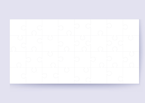 32 White Puzzle Pieces - JigSaw. Vector Illustration Puzzle for Web Design. Vector Object Shape. Business Presentation. Information Design. Puzzles Pieces. 32 Pieces for Infographics.