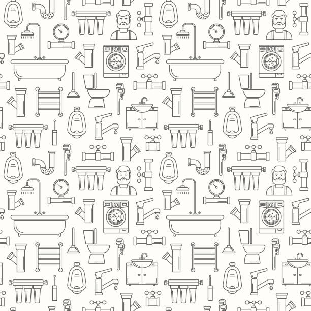 Seamless pattern with line style plumbing icons. Thin line background for plumbing service. Bathroom pattern with outline black icons of bathtub, wrench, shower, pipe, leakage, drop, meter and plunger vector art illustration