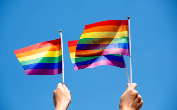 istock People holding and waving LGBT pride flags with sky background 1206225801