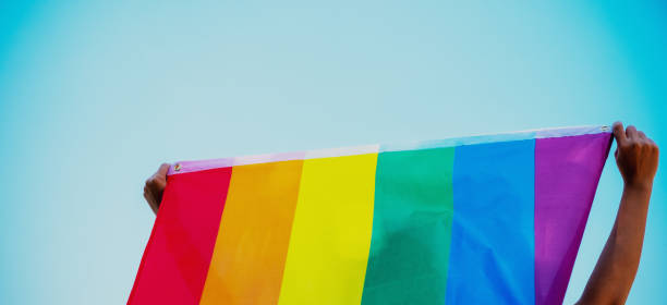 istock People holding and raising a rainbow flag over the sky 1206225818