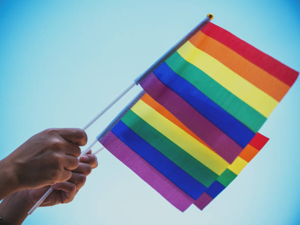 istock People holding and waving LGBT pride flags with sky background 1206225897