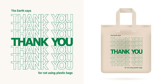 No plastic bag concept. Reduce, reuse concept. Typography design with phrase - Earth says thank you for not using plastic bags. Textile reusable eco mockup. Print for eco bag. Vector illustration