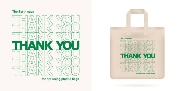 No plastic bag concept. Reduce, reuse concept. No plastic bag concept. Reduce, reuse concept. Typography design with phrase - Earth says thank you for not using plastic bags. Textile reusable eco mockup. Print for eco bag. Vector illustration stop single word stock illustrations