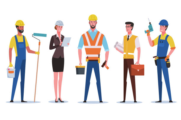 bauarbeiter. ingenieur, architekt, techniker, inspektor und bauarbeiter. professioneller auftragnehmer mit hartem hut - manager foreman vector characters stock-grafiken, -clipart, -cartoons und -symbole