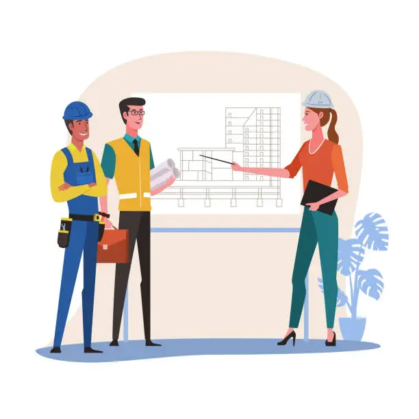 Vector illustration of Woman architect and construction engineer meeting for architectural project. Architect pointing at building model and blueprint plan