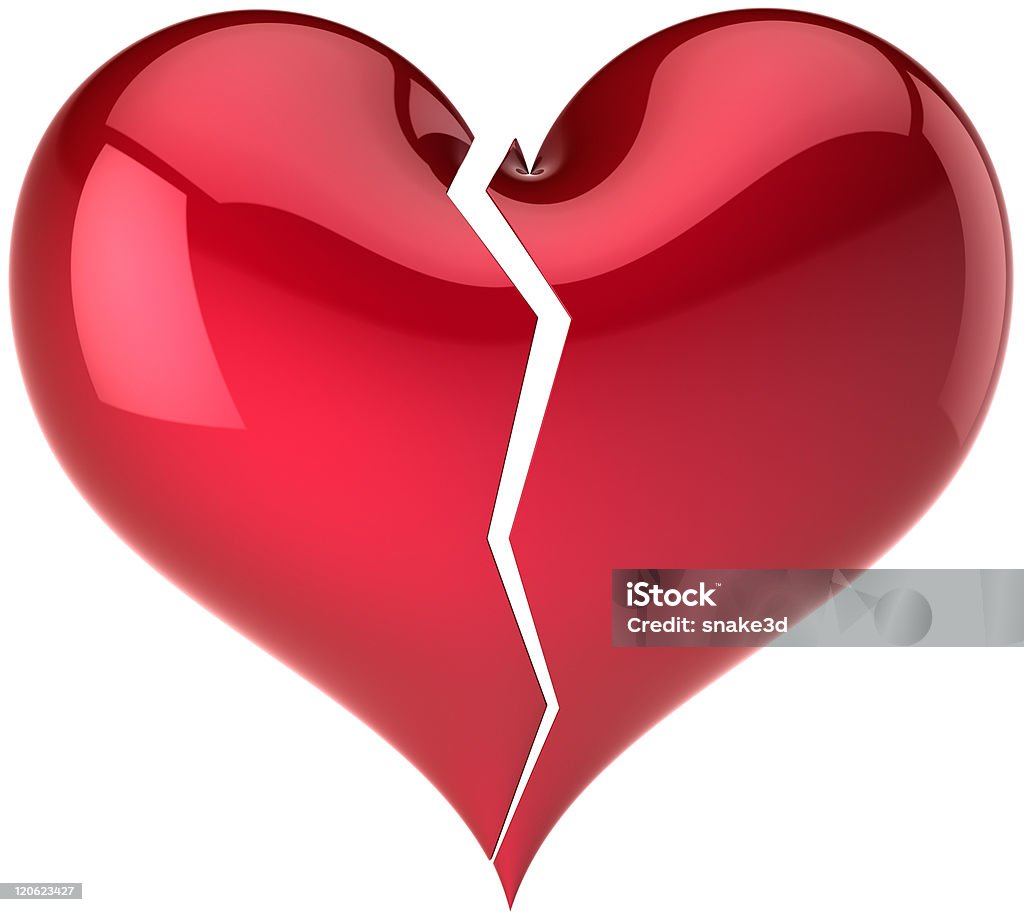 Broken heart shape with crack (Hi-Res) Broken heart shape classic. Fall out of Love abstract. Bored lover depression concept. Saint Valentine's Day greeting card template. Detailed render 3d. Isolated on white Beauty Stock Photo