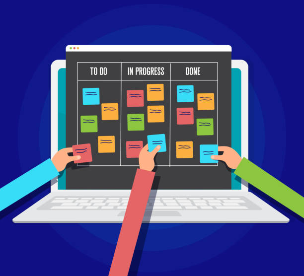 scrum management board, workflow project on tablet pc, vector illustration scrum management board, workflow project on tablet pc, vector illustration, scrum management board, workflow project on tablet pc, vector illustration agile workflow stock illustrations