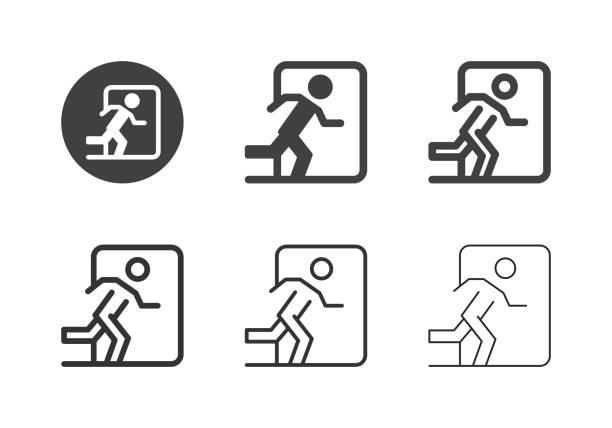 illustrazioni stock, clip art, cartoni animati e icone di tendenza di icone dei segni di uscita - serie multi - fire exit sign