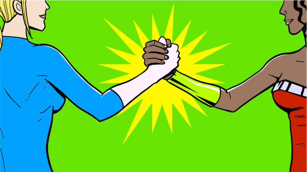 Vector Two Superheroes Arm Wrestling Handshake Stock Illustration A retro pop art style art vector illustration of two superheroes shaking hands arm wrestling style. Easy to edit. Wide space available for your copy. arm wrestling stock illustrations