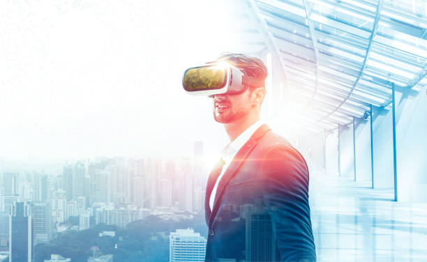istock Business man with glasses of virtual reality. Future technology concept 1206237704