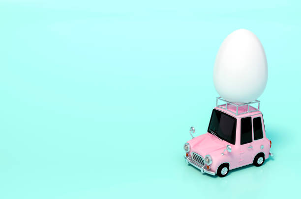istock Egg put with the pink car on pastel blue background 3d rendering. 3d illustration travel and easter eggs holiday festival card template minimal concept. 1206239481