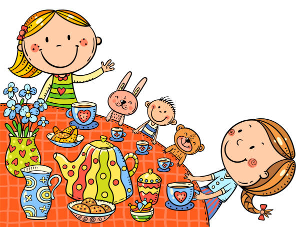 ilustrações, clipart, desenhos animados e ícones de garotinhas bebendo chá na mesa e brincando com seus brinquedos - party tea party tea child