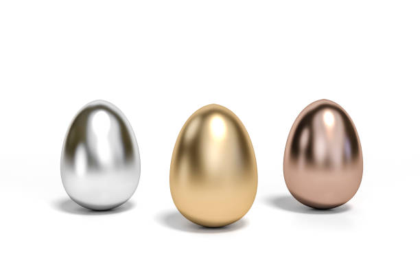 istock Metallic golden, silver and copper eggs on white background 3d rendering. 3D illustration luxury of easter eggs holiday card template minimal concept. 1206239504