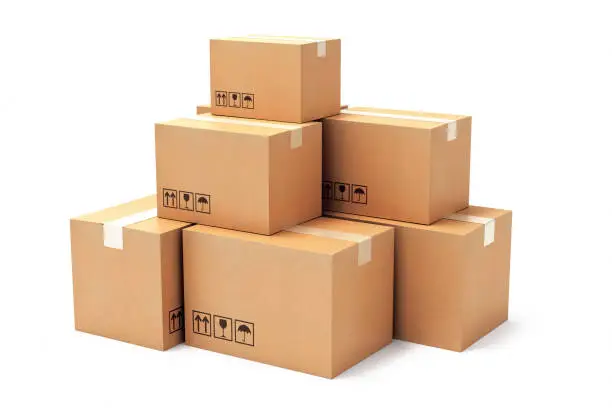 Photo of Cardboard boxes package delivery carton stock photo isolated white background