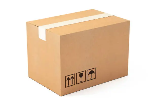 Photo of Cardboard box package delivery carton stock photo isolated white background