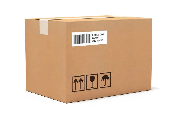 Photo of Cardboard box package delivery carton stock photo isolated white background