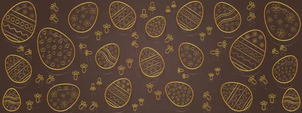 Vector illustration of Hand-drawn golden Easter eggs on a brown background. Easter's day theme
