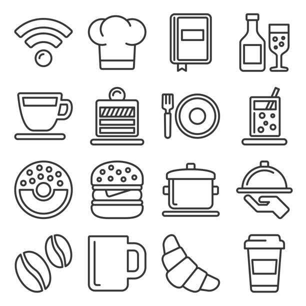 ilustrações de stock, clip art, desenhos animados e ícones de cafe and restaurant icons set on white background. line style vector - flower cherry cup tea