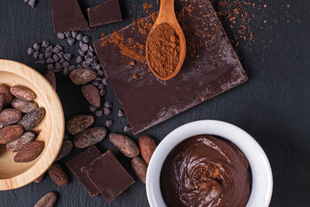 istock Cocoa beans, chocolate ganache, powder and chocolate pieces on black background, 1206246735