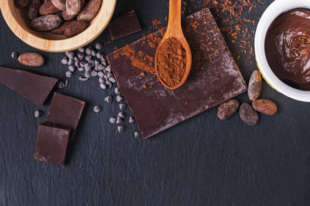 istock Cocoa beans, powder and chocolate pieces on black slate background 1206246745