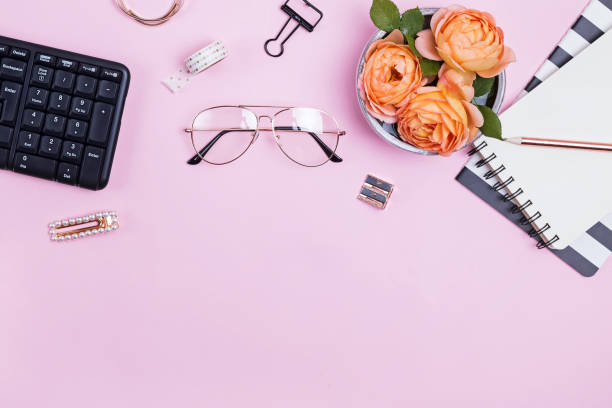 istock Creative flat lay with roses and stationery. 1206246859