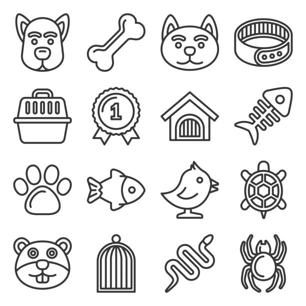 illustrations, cliparts, dessins animés et icônes de icônes d’animaux de compagnie sur fond blanc. vecteur de style de ligne - hamster cage birdcage isolated