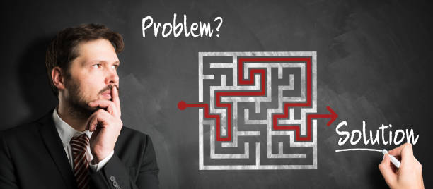 istock businessman in front of a chalkboard with a drawn maze and the message 'Problem? Solution' 1206249472