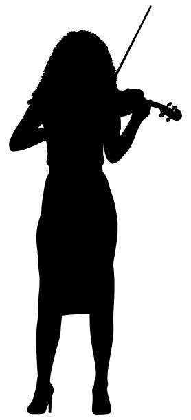 silhouette eines abendfüllenden geigermädchens, das geige spielt. - practicing music violin women stock-grafiken, -clipart, -cartoons und -symbole