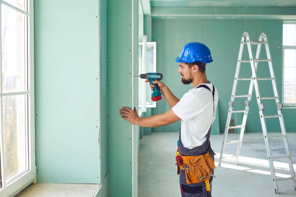 el constructor trabajador instala paneles de yeso de yeso en una construcción - home improvement drill men house fotografías e imágenes de stock