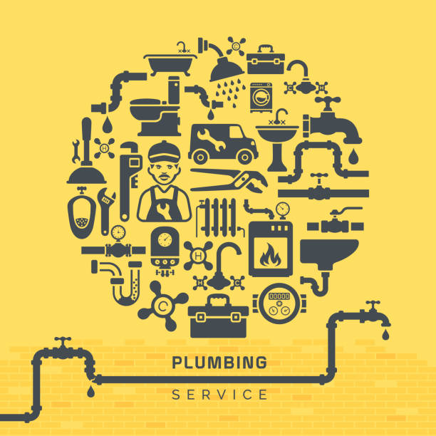 ilustrações de stock, clip art, desenhos animados e ícones de plumbing concept design - water pipe sewer pipeline leaking