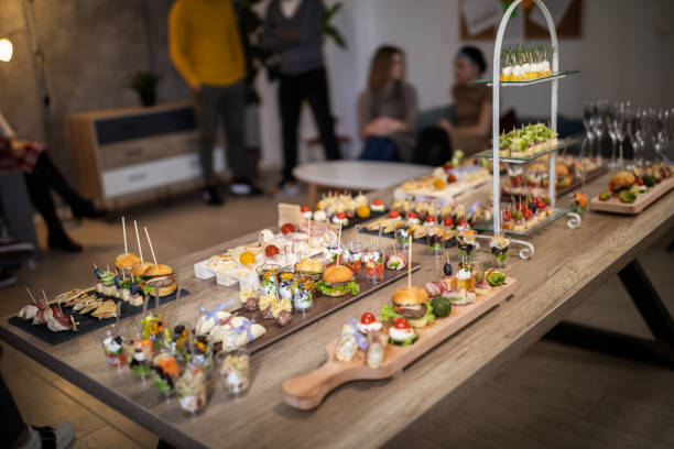 istock Tasty catering food on table during business banquet at modern office 1206259727