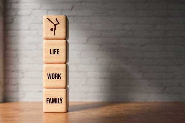 wooden blocks with the words FAMILY, WORK and LIFE - 3D rendered illustration stock photo