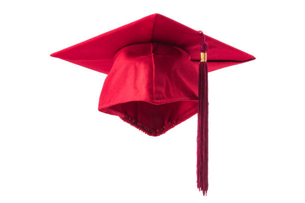 Academic achievement and celebrating higher education success conceptual idea with red mortarboard graduation cap with clipping path cutout in ghost mannequin technique isolated on white background