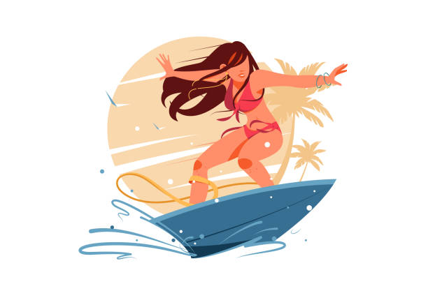 Attractive young girl silhouette surfing on surfboard. Attractive young girl silhouette surfing on surfboard. Isolated icon concept beauty woman character in swimsuit relaxing using board on water on summer trip. Vector illustration. surfing stock illustrations